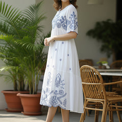 Flawless White Embroidered Cotton Midi Dress