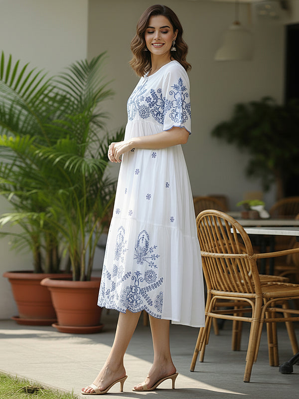 Flawless White Embroidered Cotton Midi Dress