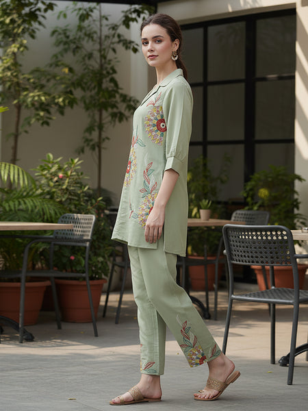 Olive Green Co-Ord: Detailed Central Embroidered Tunic and Wide Pants