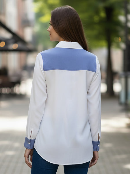 White & Blue Embroidered Tencel Crop Shirt with Collar Neck
