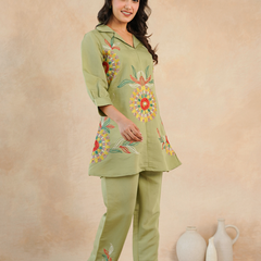 Olive Green Co-Ord: Detailed Central Embroidered Tunic and Wide Pants