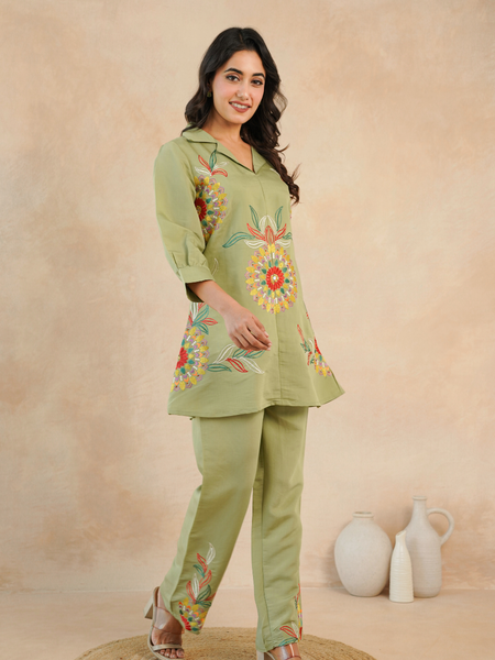 Olive Green Co-Ord: Detailed Central Embroidered Tunic and Wide Pants