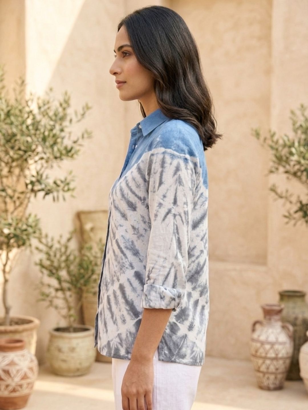 Blue Ombre Tie-Dye Cotton Shirt in Geometric Design
