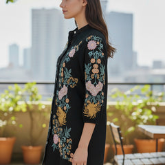 Black Cotton Embroidered Mini Dress