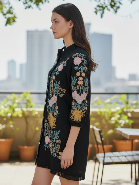 Black Cotton Embroidered Mini Dress