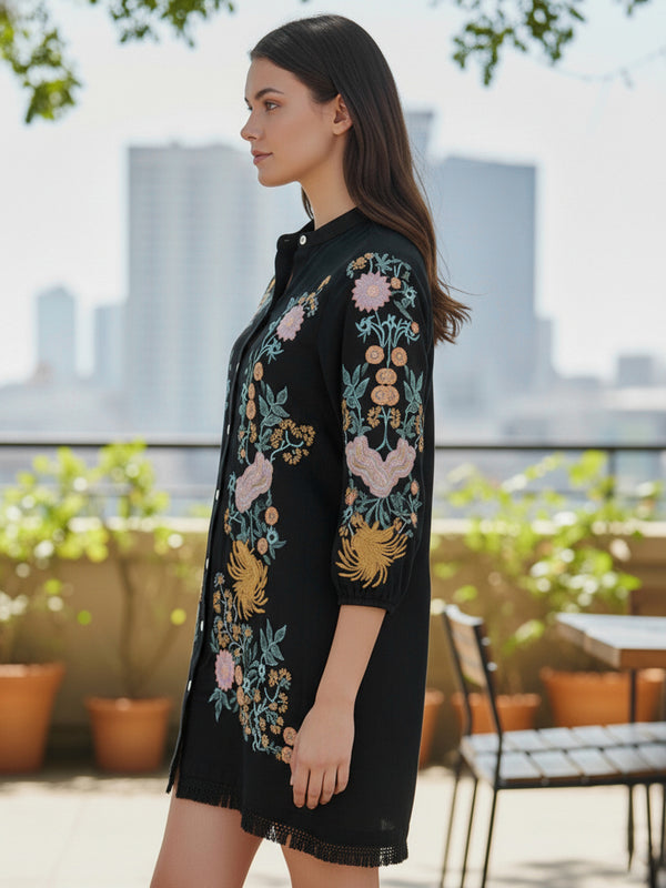 Black Cotton Embroidered Mini Dress