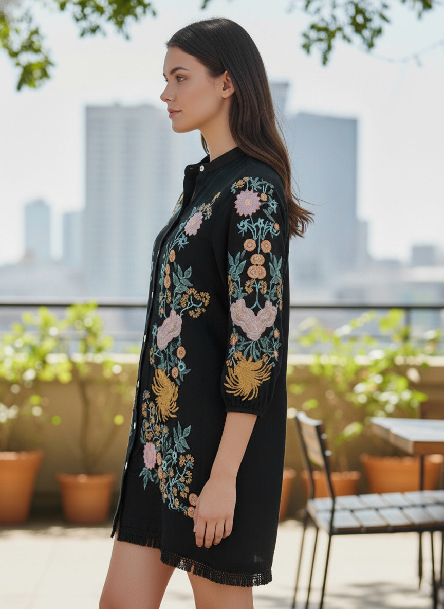Black Cotton Embroidered Mini Dress