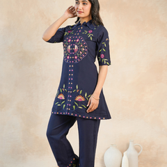 Stylish Navy Blue Embroidered Kurta with Matching Pants