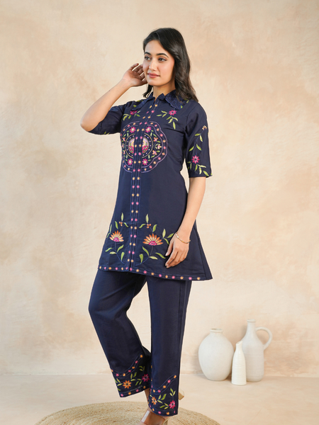Stylish Navy Blue Embroidered Kurta with Matching Pants