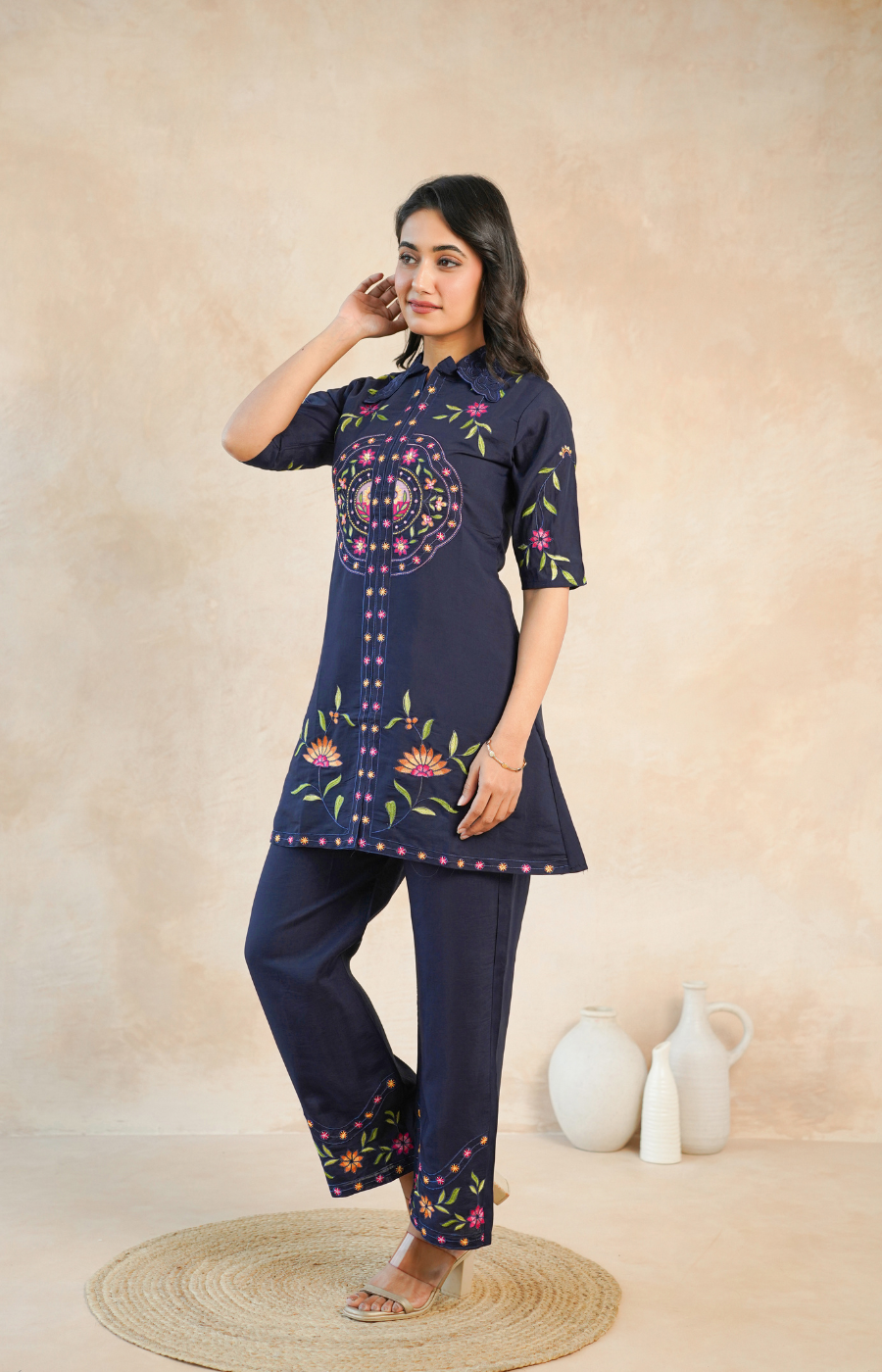 Stylish Navy Blue Embroidered Kurta with Matching Pants