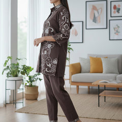 Trendy Two-Piece Brown Outfit with Contrast Embroidery