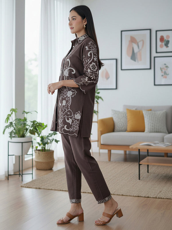 Trendy Two-Piece Brown Outfit with Contrast Embroidery