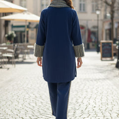 Elegant Blue Woolen Embroidered Co-ord Set with Muffler