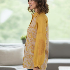 Women Mustard Yellow Printed Shirt with Sheer Sleeves