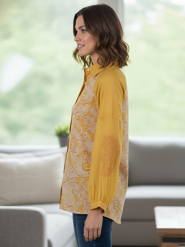 Women Mustard Yellow Printed Shirt with Sheer Sleeves