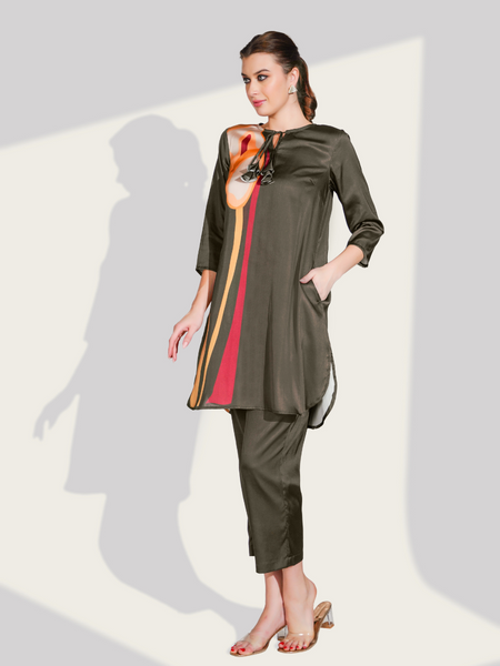 Smoky Grace Printed Satin Grey Co-ord Set