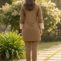Classic Brown Woolen Embroidered Co-ord Set with Muffler