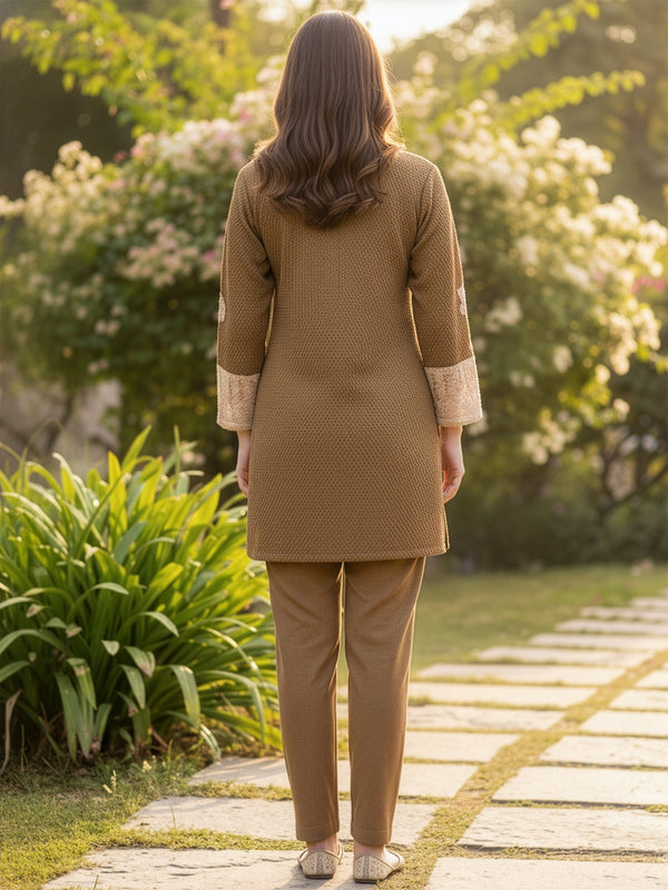 Classic Brown Woolen Embroidered Co-ord Set with Muffler