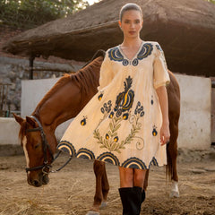 Cream Cotton Embroidered Midi Dress with V-Neck & Elbow Sleeves