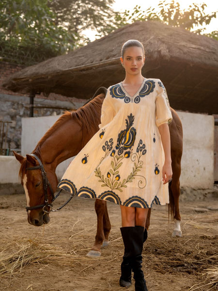 Cream Cotton Embroidered Midi Dress with V-Neck & Elbow Sleeves