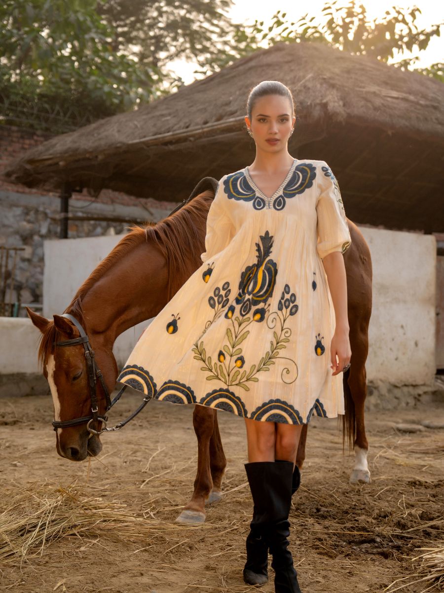 Cream Cotton Embroidered Midi Dress with V-Neck & Elbow Sleeves