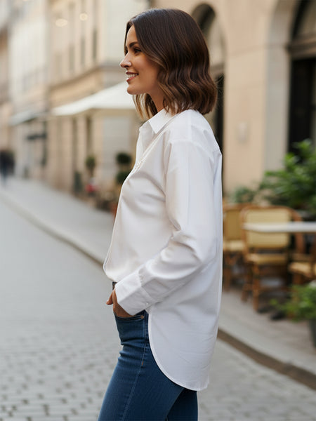 Women’s White Embroidered Viscose Crop Shirt with Collar Neck