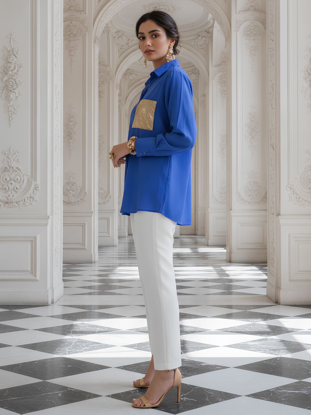Women's Royal Blue Relaxed Fit Shirt with Gold Pocket Detail