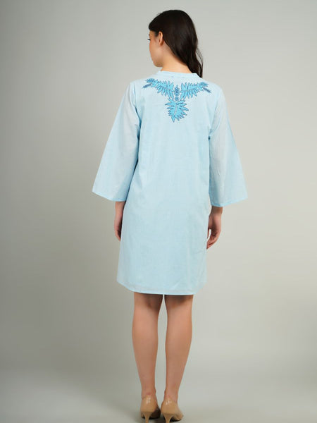 Light Blue Embroidered Cotton Shirt Dress