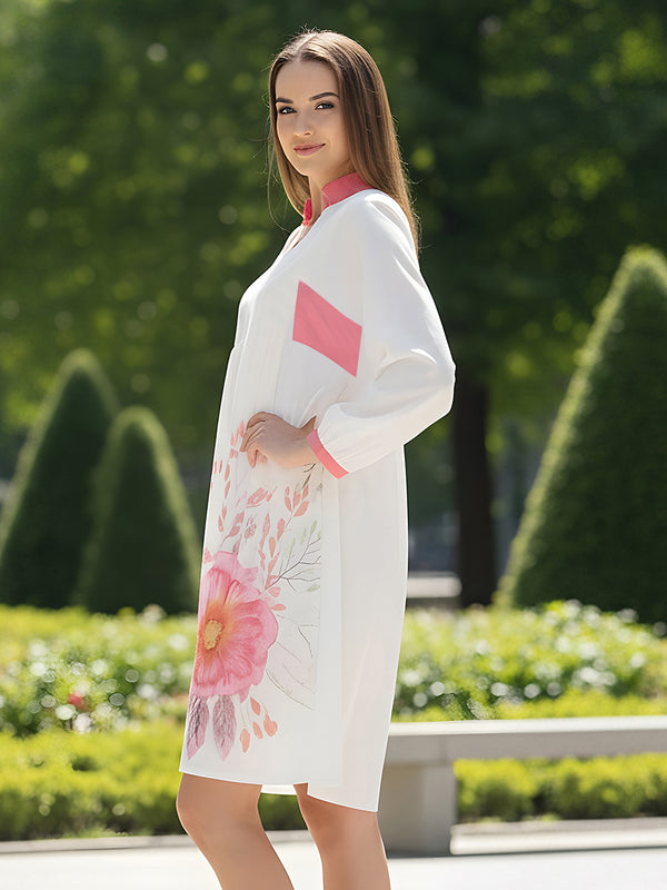 Floral Cotton Cambric Mini Dress with Collar Neck