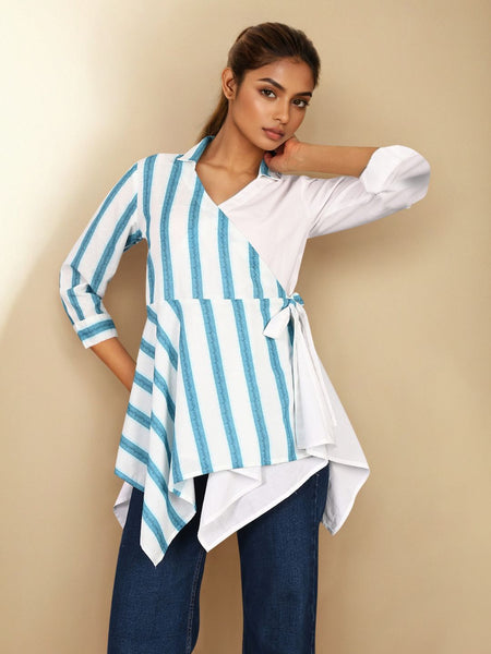 White Blue Cotton Wrap shirt