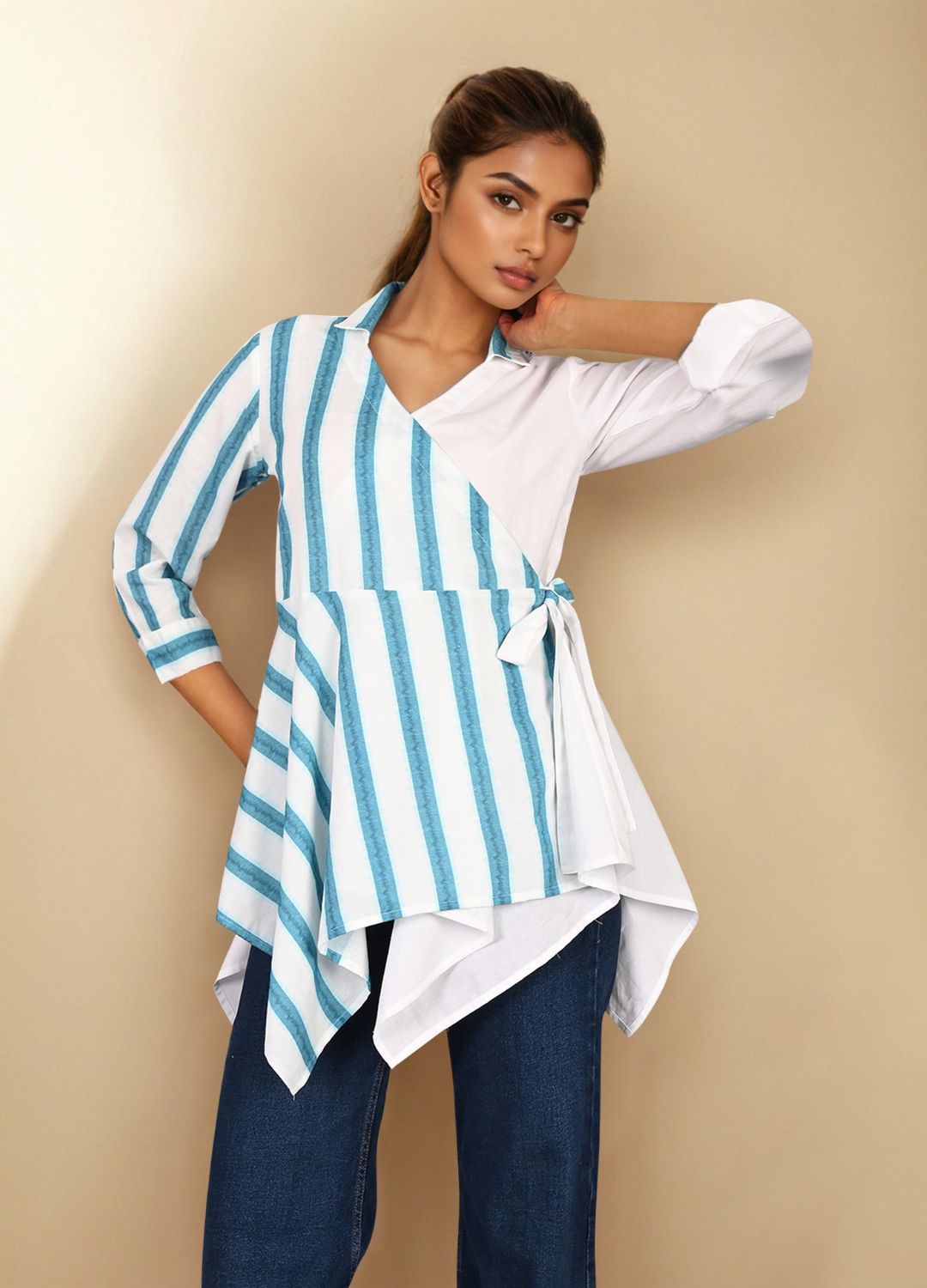 White Blue Cotton Wrap shirt