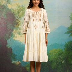 Off White Embroidery Work Midi Dress