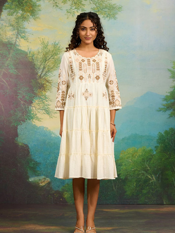 Off White Embroidery Work Midi Dress