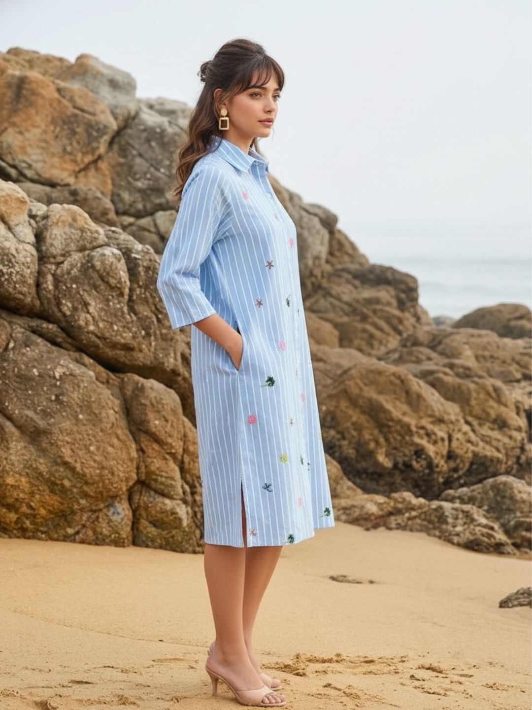Elegant Sky Blue Embroidered Stripe Shirt Dress for Women