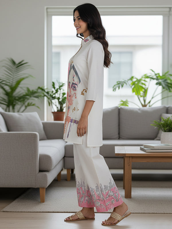 Whispering Beauty Cotton Printed White Co-ord Set