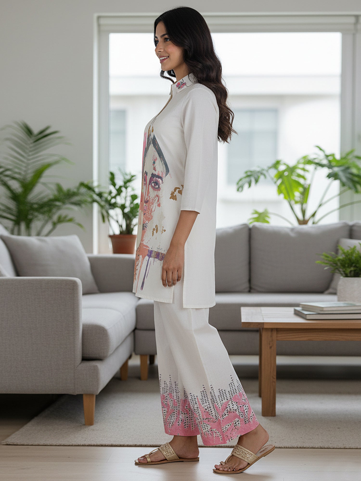 Whispering Beauty Cotton Printed White Co-ord Set