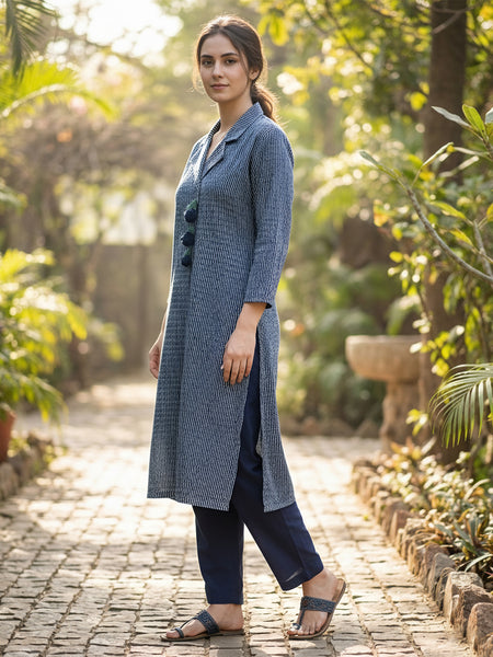 Women Navy Blue Textured Kurta with Pants – Coatrise Fabric