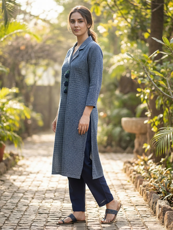 Women Navy Blue Textured Kurta with Pants – Coatrise Fabric