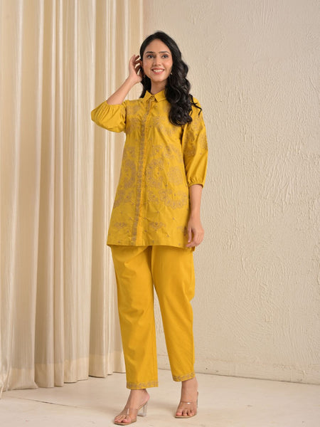 Elegant Mustard Printed Kurta With Matching Pants