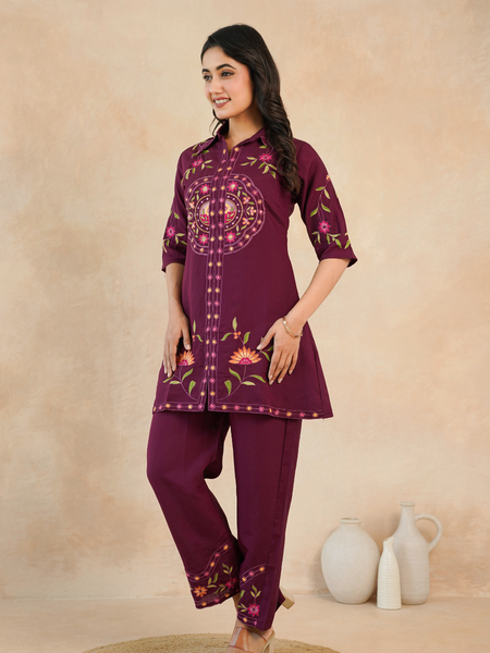 Elegant Maroon Embroidered Kurta with Matching Pants