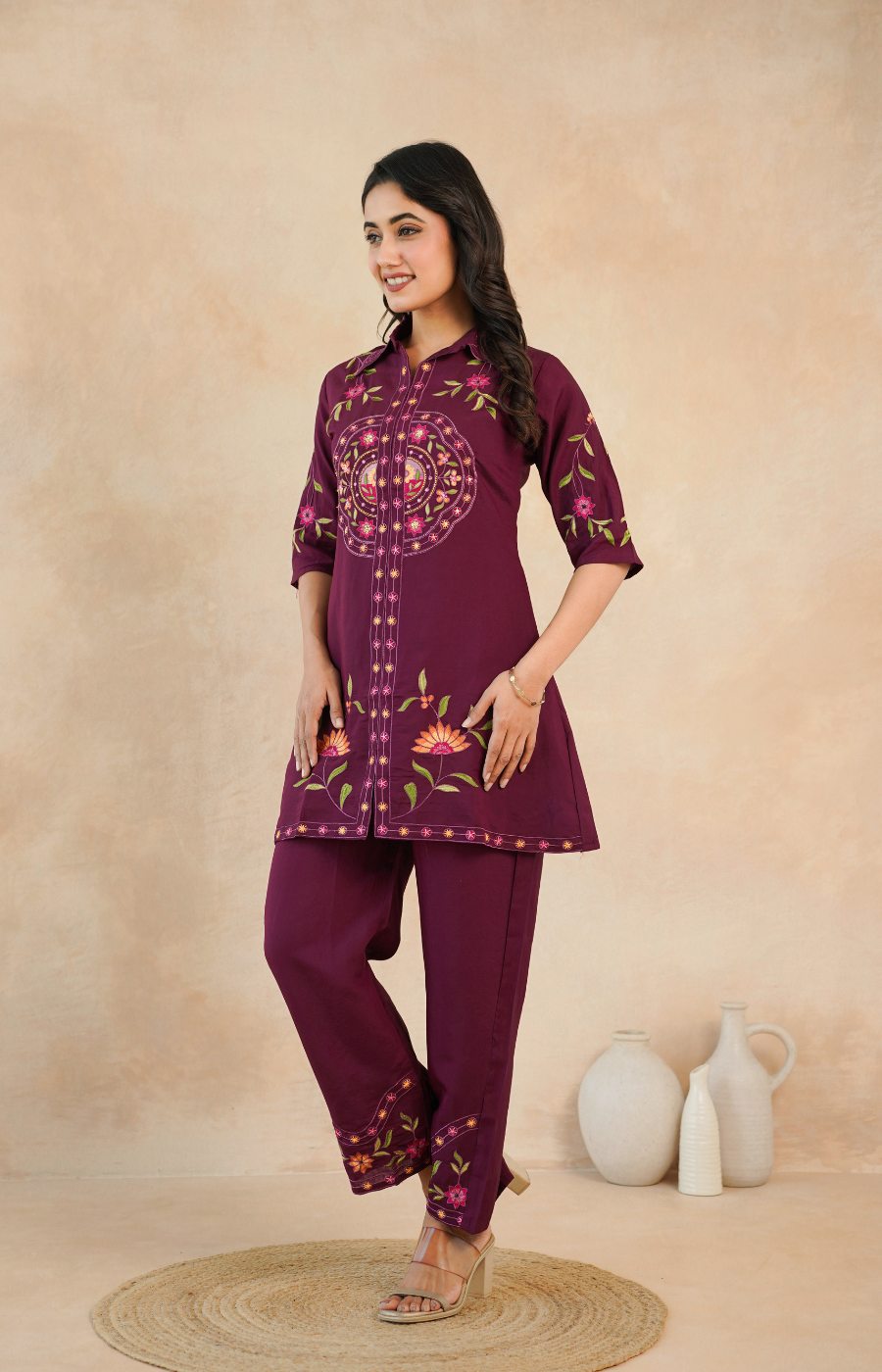 Elegant Maroon Embroidered Kurta with Matching Pants