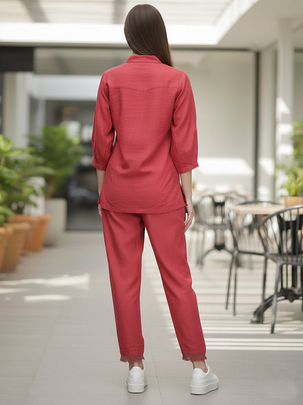 Floral Threadwork Maroon Co-ord Set