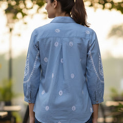 Sky Blue Handcrafted Embroidered Cotton Shirt with Statement Sleeves