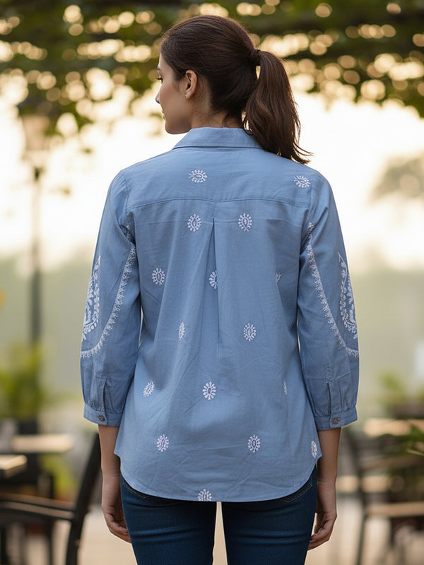 Sky Blue Handcrafted Embroidered Cotton Shirt with Statement Sleeves
