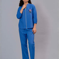 Blue Cotton Embroidered Co-Ord Set with Zip Top
