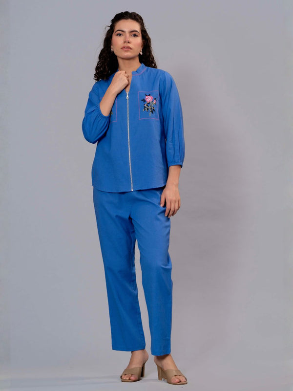 Blue Cotton Embroidered Co-Ord Set with Zip Top