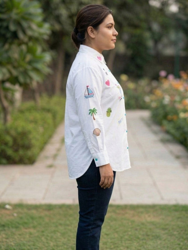 Women Regular Fit Embroidered White Shirt