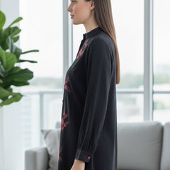 Classic Black High-Neck Embroidered Tunic Top