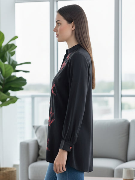 Classic Black High-Neck Embroidered Tunic Top