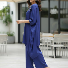 Blue Satin Sequin Work Kaftan Co-ord Set